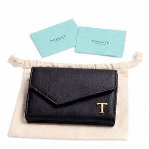 NEW Tiffany & Co Black Leather Envelope Wallet Gold T Hardware Zip AUTHENTIC